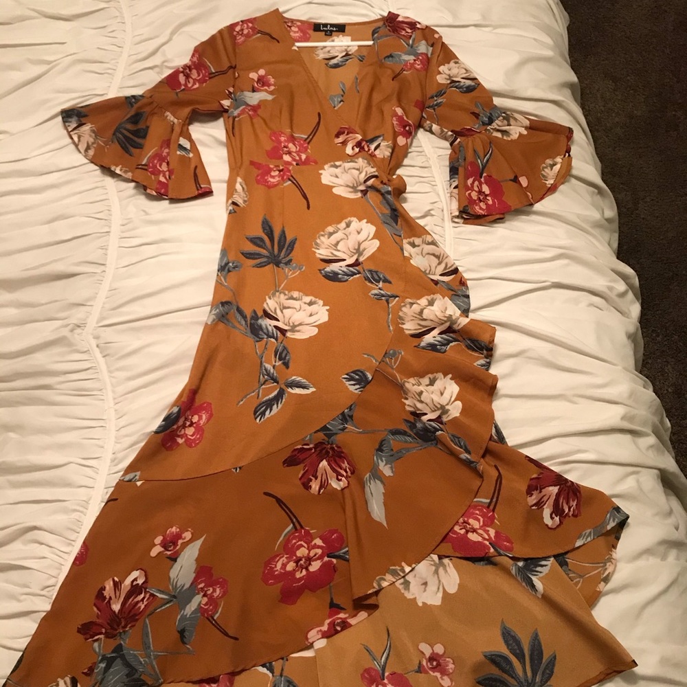 Lulu’s Mustard Yellow Floral Midi Wrap Dress NWOT - Picture 5 of 7